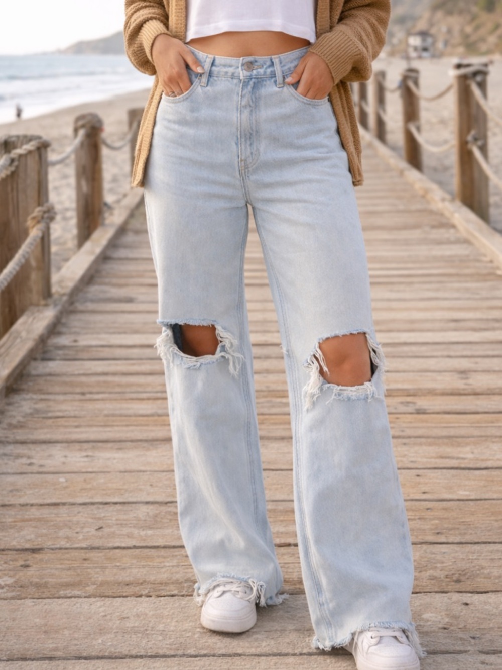 VERVET BY FLYING MONKEY Light Wash Ripped Wide Leg Jeans